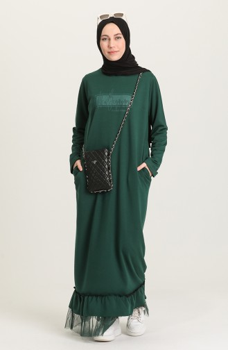 Etek Ucu Tül Detaylı Elbise 4093-01 Zümrüt Yeşili