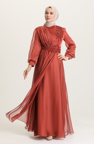 Brick Red Hijab Evening Dress 4866-03