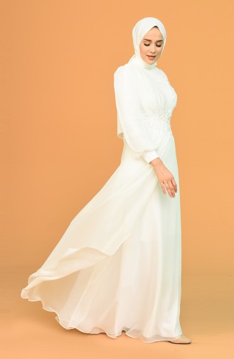 Ecru Hijab Evening Dress 4866-05