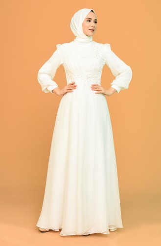 Ecru Hijab Evening Dress 4866-05