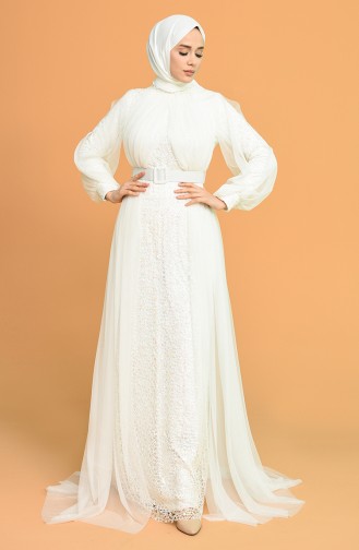 Ecru Hijab Evening Dress 5441-04