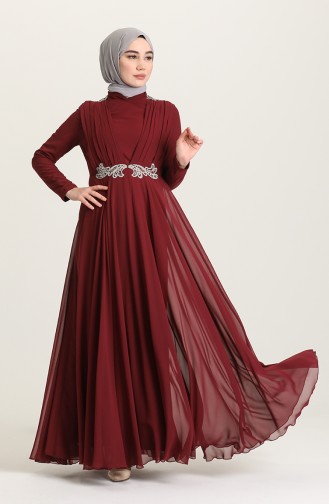 Claret Red Hijab Evening Dress 4212-06