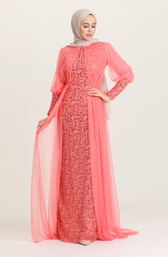 Coral Hijab Evening Dress 5346-14