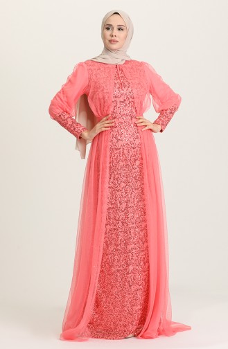 Coral Hijab Evening Dress 5346-14