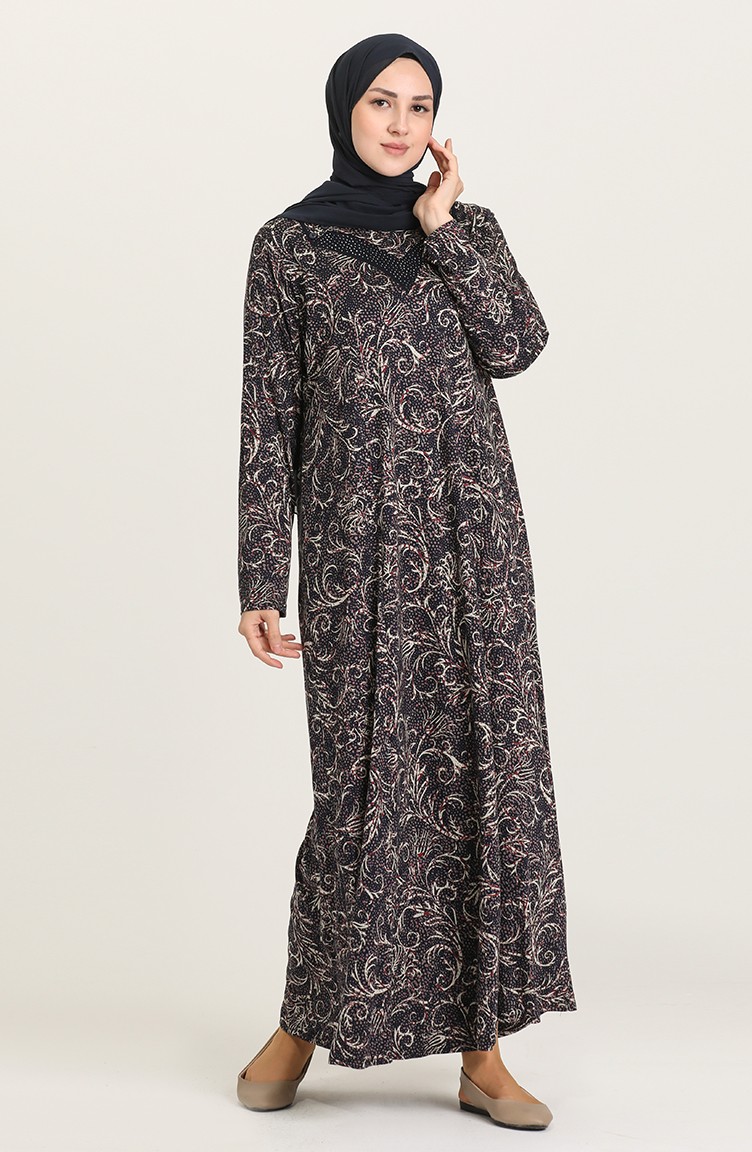 Büyük Beden Desenli Elbise 4831A-02 Lacivert