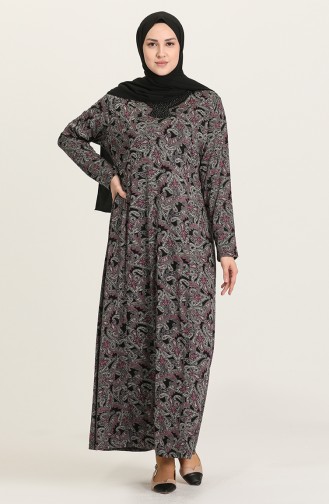 Büyük Beden Desenli Elbise 4847A-01 Siyah Pembe