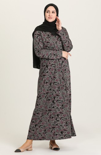 Büyük Beden Desenli Elbise 4847A-01 Siyah Pembe
