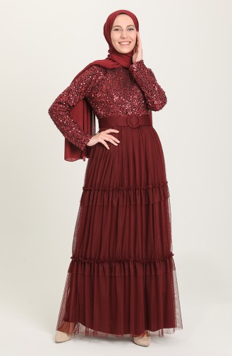 Claret Red Hijab Evening Dress 1827-07