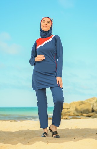Topped Islamic Swimsuit 4302-01 Navy Blue 4302-01