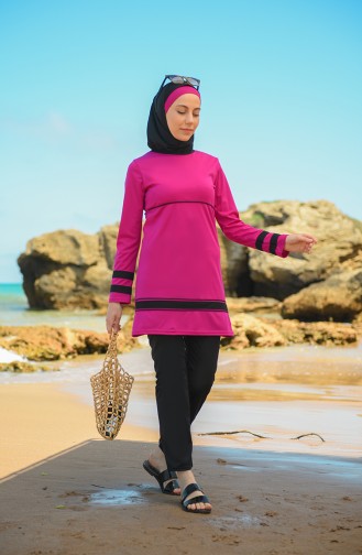 Striped Islamic Swimsuit 4304-01 Fuchsia Black 4304-01