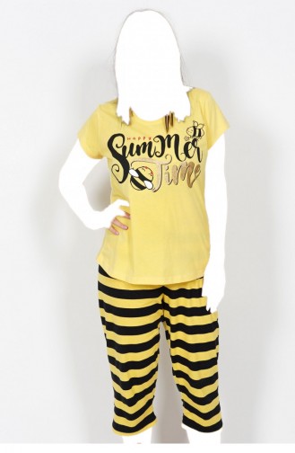 Pamuklu Büyük Beden Kısa Kol Kaprili Pijama Takım 80552107 Sarı