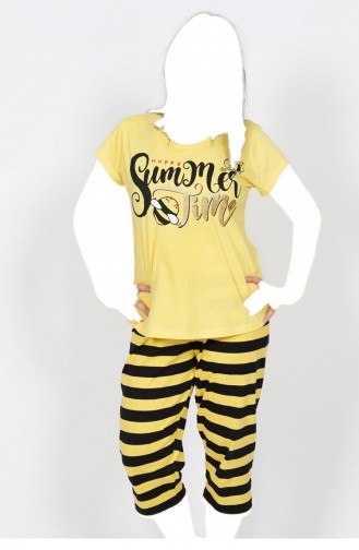 Pamuklu Büyük Beden Kısa Kol Kaprili Pijama Takım 80552107 Sarı