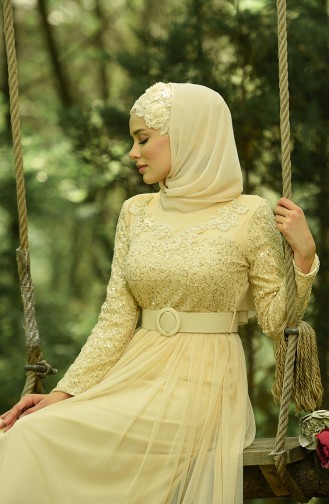 Beige Hijab Evening Dress 4060-03