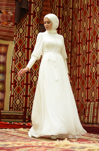 Ecru Hijab Evening Dress 4865-01