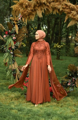 Brick Red Hijab Evening Dress 4868-05