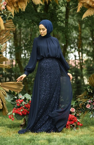 Sequined Evening Dress Navy Blue 5230-03