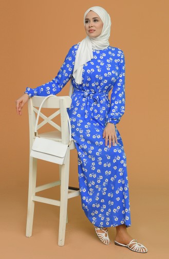 Desenli Kuşaklı Elbise 0073-05 Saks