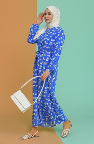 Desenli Kuşaklı Elbise 0073-05 Saks