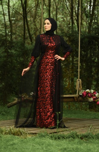 Payetli Abiye Elbise 5346-16 Siyah Kırmızı