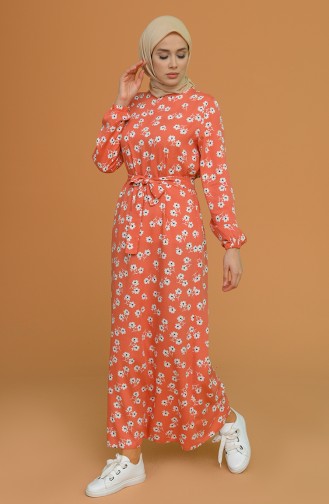 Desenli Kuşaklı Elbise 0073-04 Soğan Kabuğu