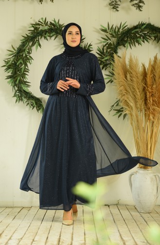 Navy Blue Hijab Evening Dress 4290-03