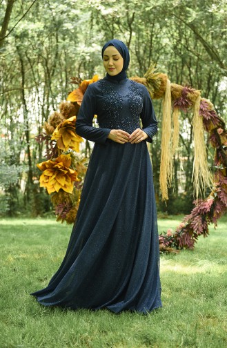 Navy Blue Hijab Evening Dress 4292-02