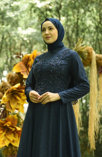 Navy Blue Hijab Evening Dress 4292-02