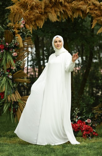 Büyük Beden Kolye Detaylı Piliseli Elbise 6271-06 Beyaz