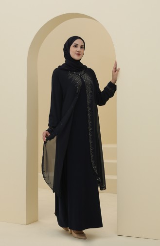 Navy Blue Hijab Evening Dress 4284-02
