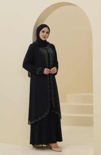 Navy Blue Hijab Evening Dress 4284-02