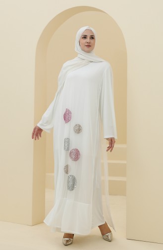 Ecru Hijab Evening Dress 6338-02