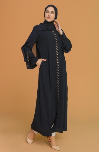 Abaya à Rayures de Grande Taille 5053-01 Bleu Marine 5053-01