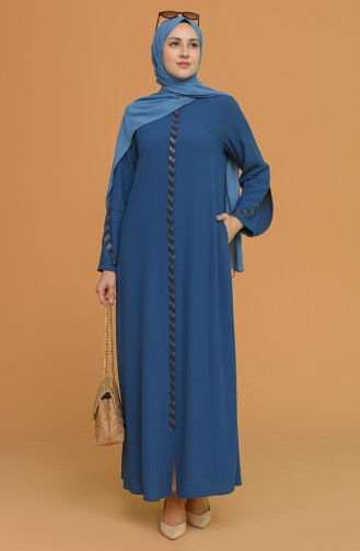 Abaya à Rayures de Grande Taille 5053-03 İndigo 5053-03