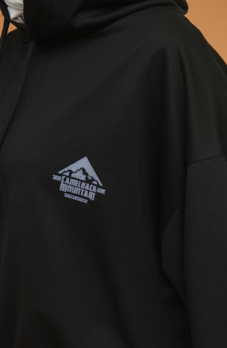 Baskılı Kapşonlu Over Size Sweat 1122-01 Siyah