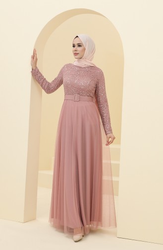 Powder Hijab Evening Dress 5353-08