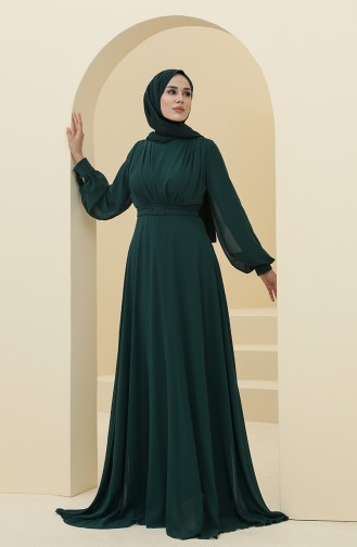 Kemerli Abiye Elbise 5422-08 Zümrüt Yeşil