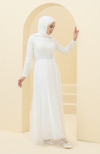 Ecru Hijab Evening Dress 5353-09