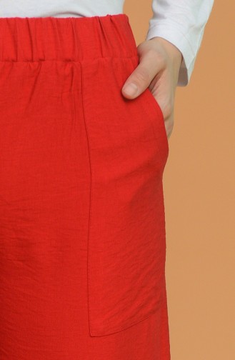 Üstten Cepli Keten Pantolon 0634-03 Kırmızı