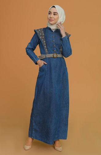 Kemerli Kot Elbise 1027-01 Lacivert
