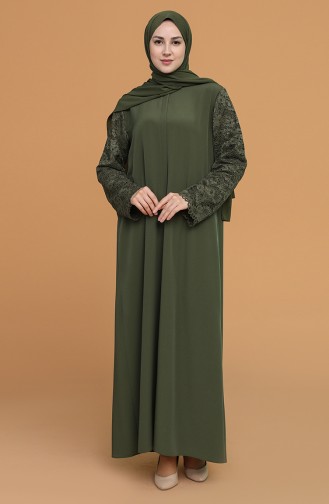 Büyük Beden Dantel Detaylı Ferace 1506-01 Haki