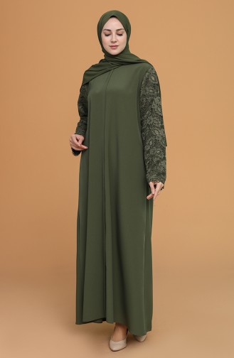Büyük Beden Dantel Detaylı Ferace 1506-01 Haki