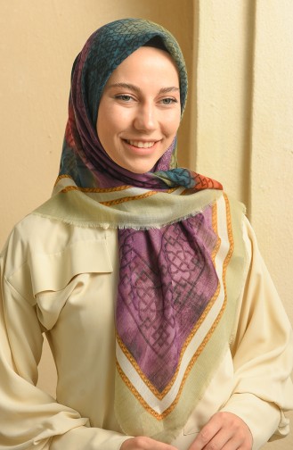 Motif Desenli Flamlı Eşarp 11365-14 Su Yeşili Gül Kurusu