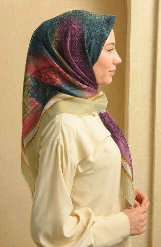 Motif Desenli Flamlı Eşarp 11365-14 Su Yeşili Gül Kurusu