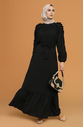 Fırfırlı Kuşaklı Elbise 1007-07 Siyah