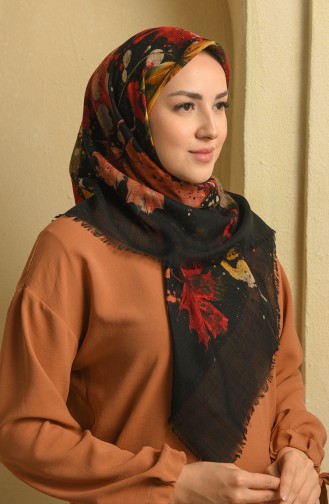 Çınar Yaprağı Desenli Flamlı Eşarp 11366-02 Siyah Kırmızı