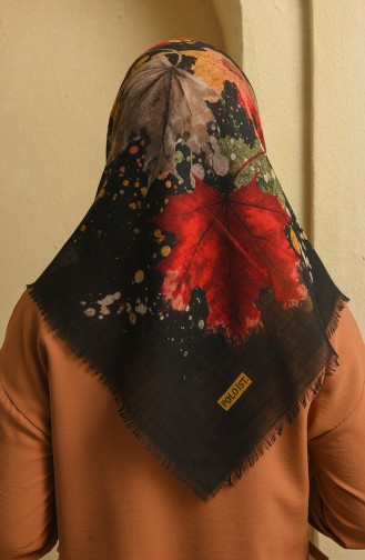 Çınar Yaprağı Desenli Flamlı Eşarp 11366-02 Siyah Kırmızı
