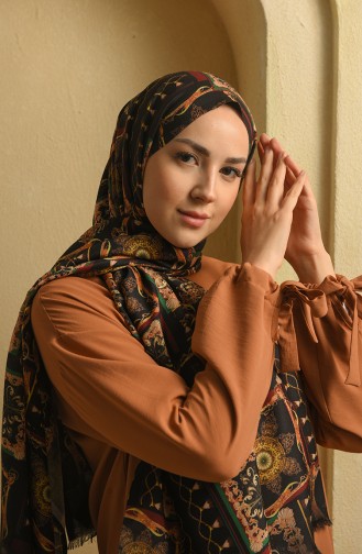 Dijital Baskılı Pamuk Şal 3028KE-03-06 Siyah Hardal