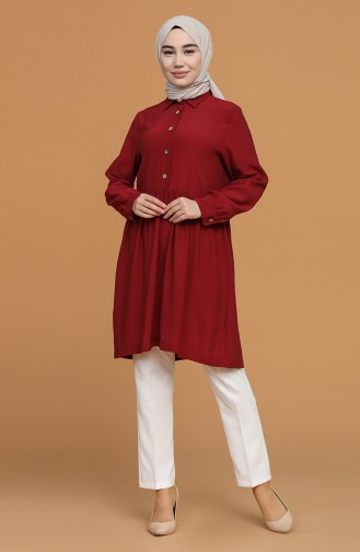 Düğmeli Düz Tunik 5371-03 Bordo