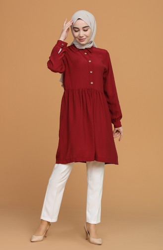 Düğmeli Düz Tunik 5371-03 Bordo