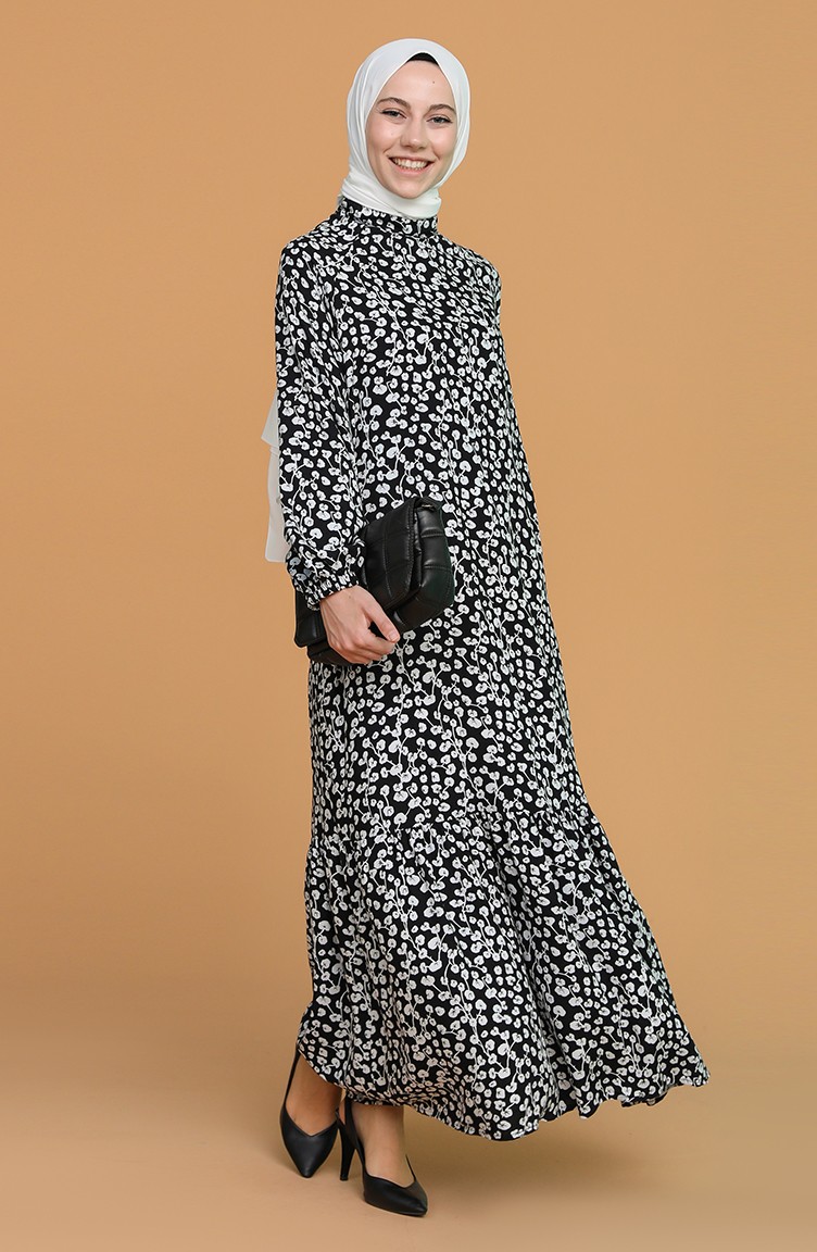 Leopar Desenli Elbise 1001A-01 Siyah